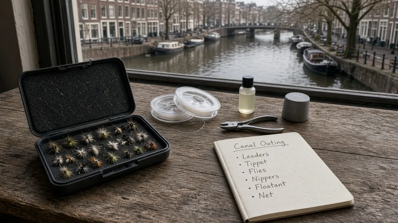 Checklist met leaders en vliegendos als voorbereiding op viswater en vergunningen vanuit Amsterdam