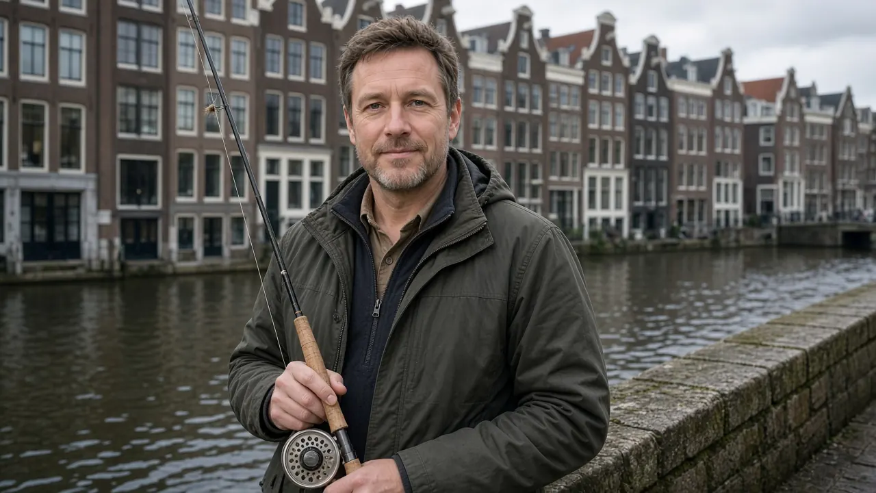 Mark Willems, vliegvisinstructeur van LeerPlein, met een vliegenhengel op de kade in Amsterdam