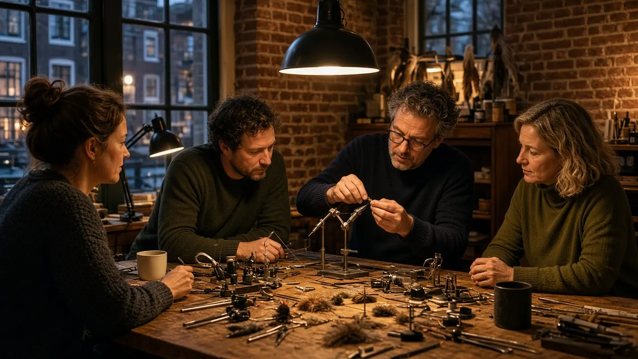 Kleine vliegvisgroep oefent binden en worp tijdens een avondles van LeerPlein in een Amsterdams atelier